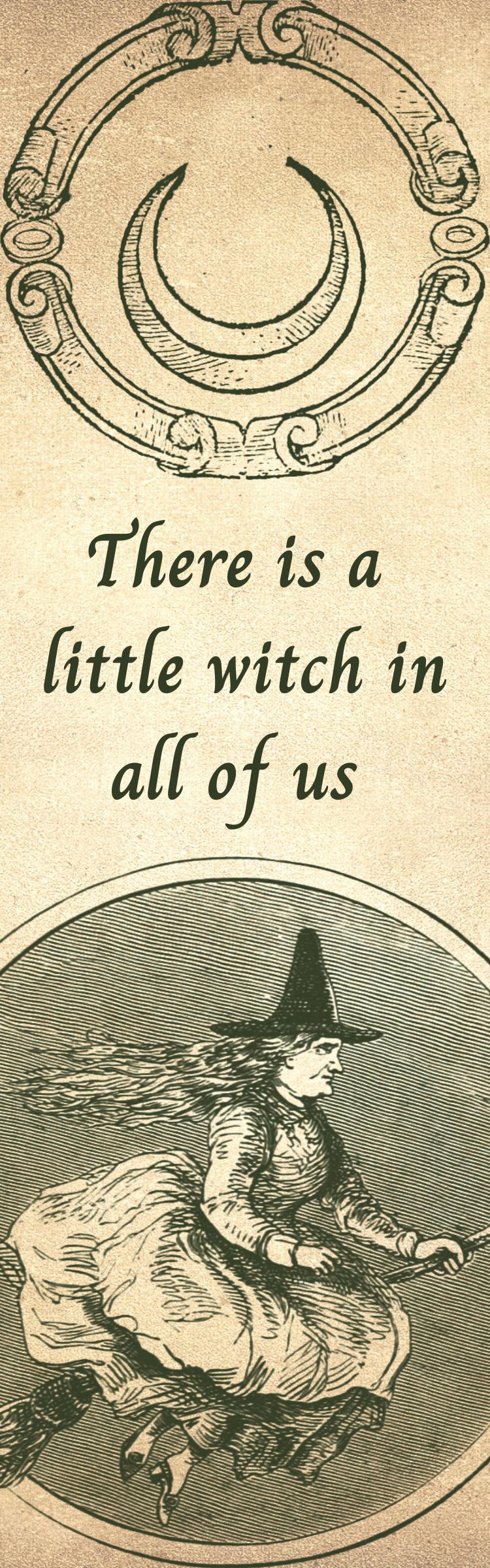 Vintage-style illustration of a witch with text 'There is a little witch in all of us' and decorative elements.