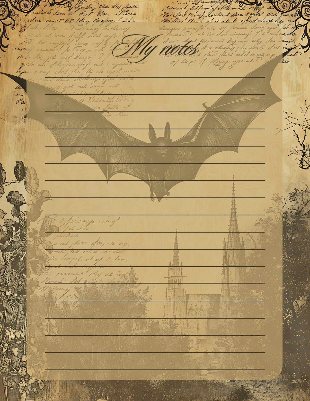Notebook page with a bat illustration and Gothic architecture on a sepia-toned background.