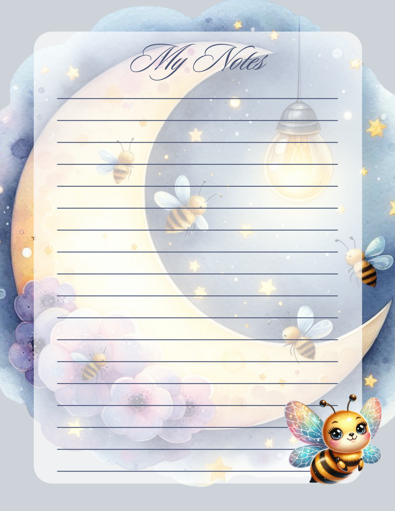 Notepad with lined pages, moon, stars, and cartoon bee on a light blue background