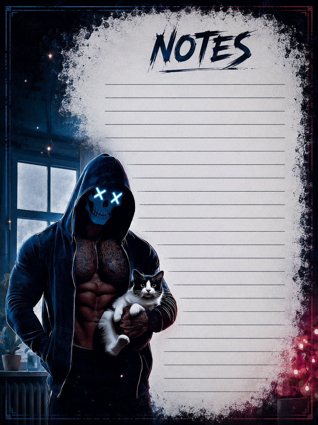 Person in hoodie holding a cat with a notepad titled 'Notes' in the background