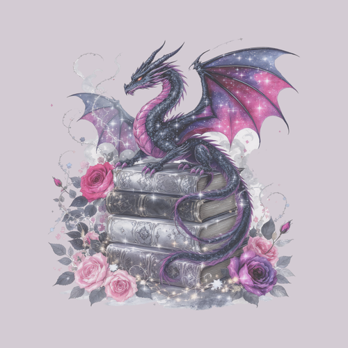 Dragon on books with flowers on a light gray background