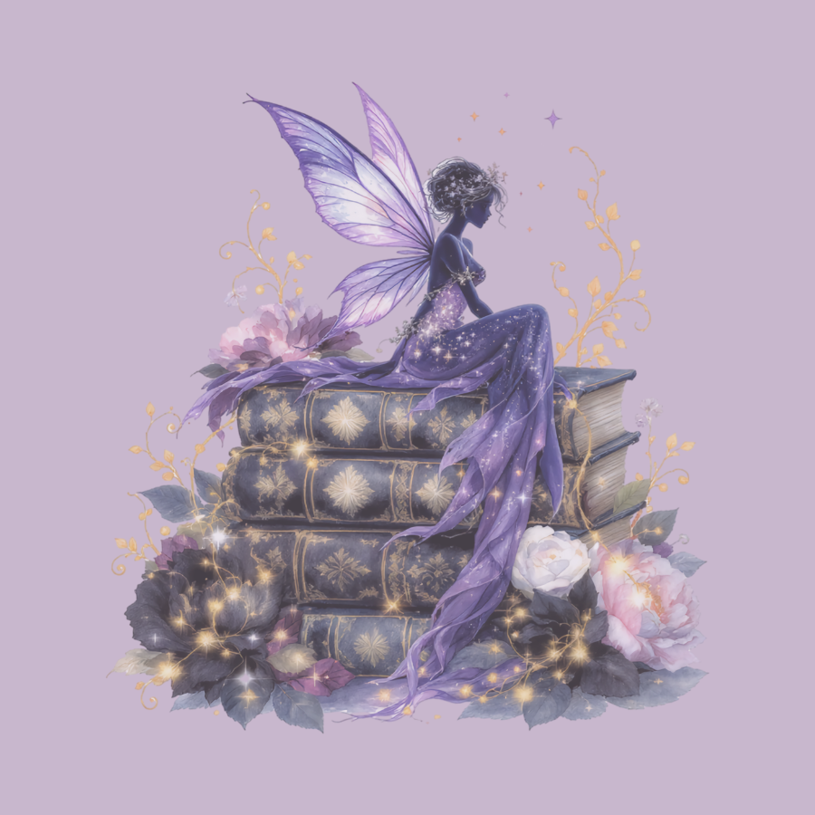 Purple fairy sitting on stacked books with flowers and sparkles on a light purple background