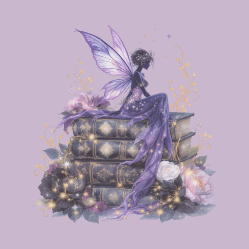 Purple fairy sitting on stacked books with flowers and sparkles on a light purple background