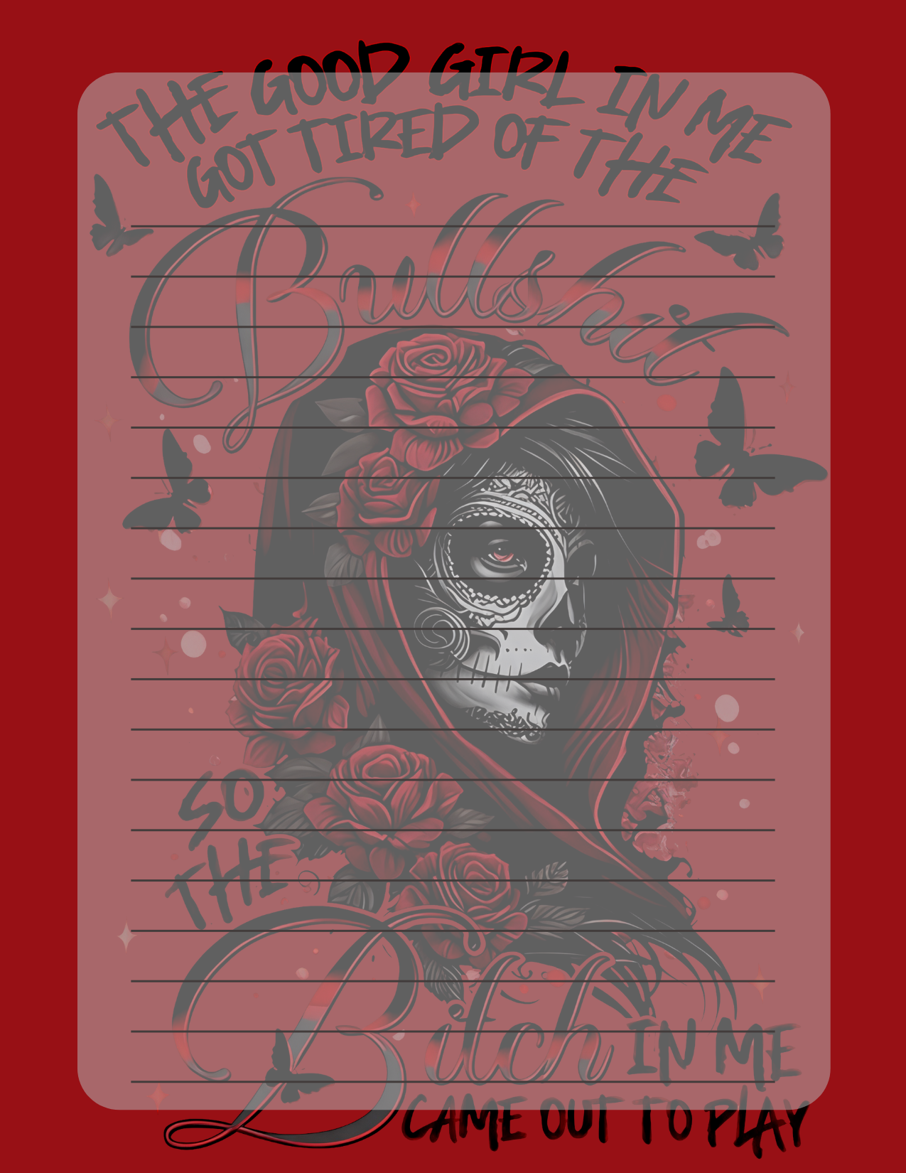 Red notebook with a skull and roses design and text on a red background