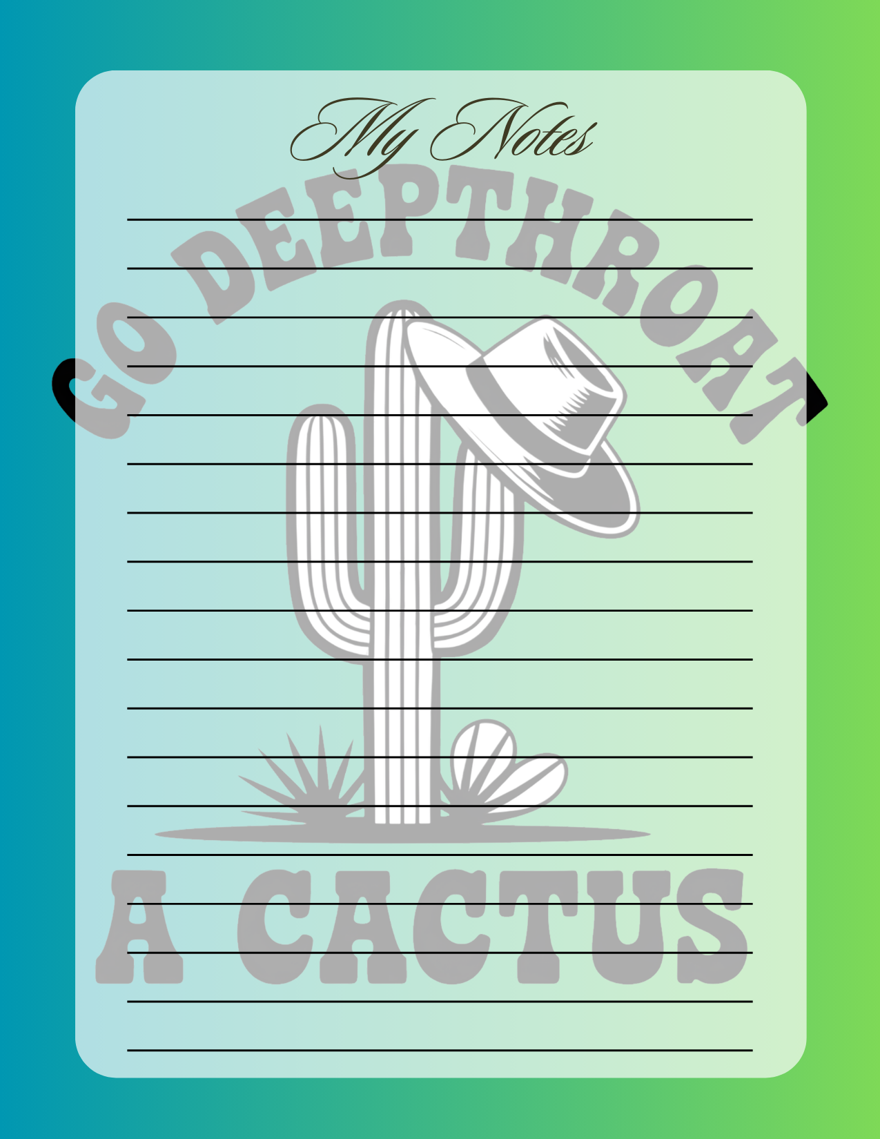 Notebook cover with cactus illustration and text on a gradient background