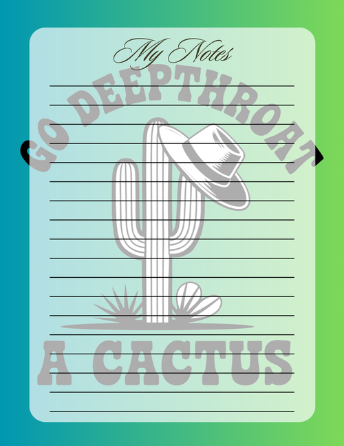 Notebook cover with cactus illustration and text on a gradient background