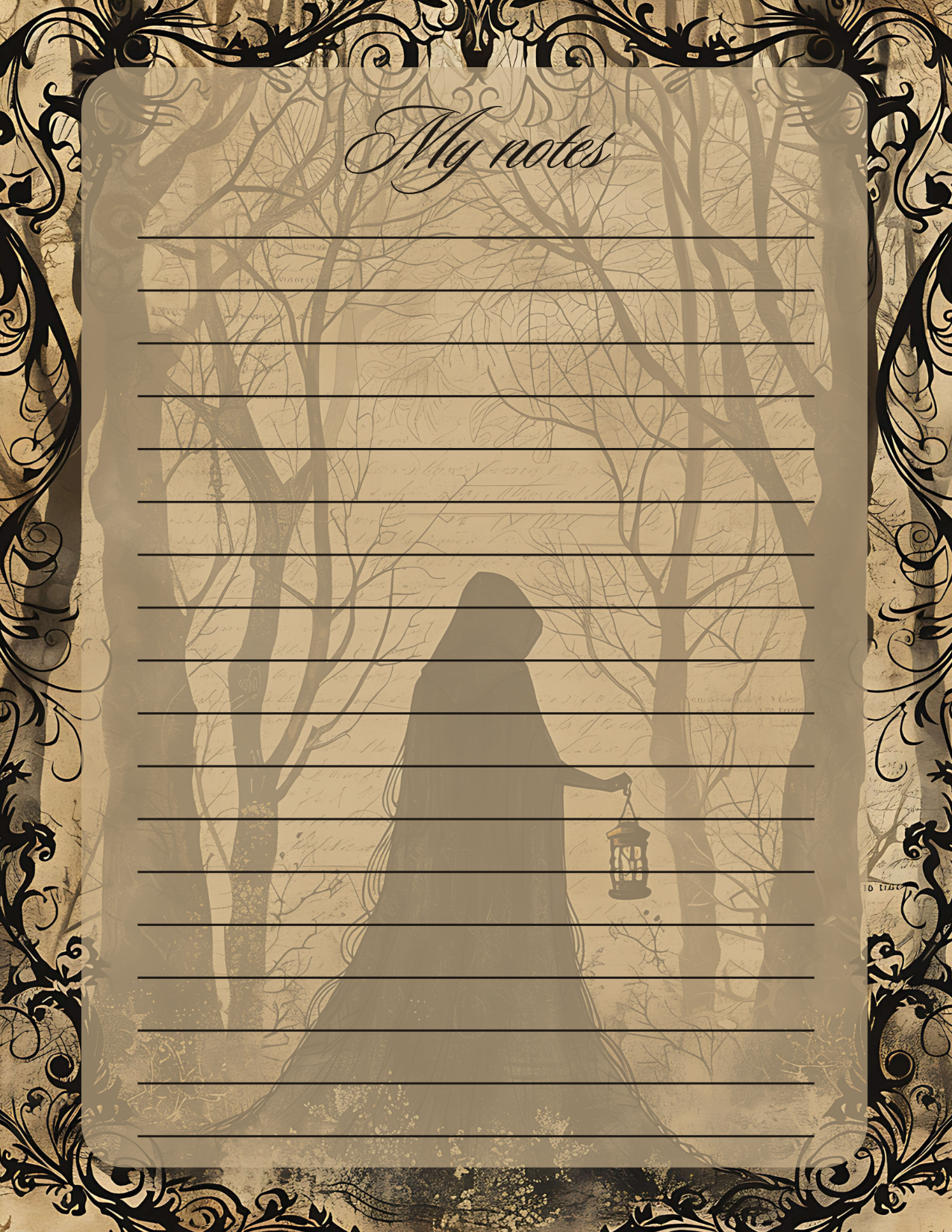 Notebook page with silhouette of a person holding a lantern in a forest, titled 'My notes'.