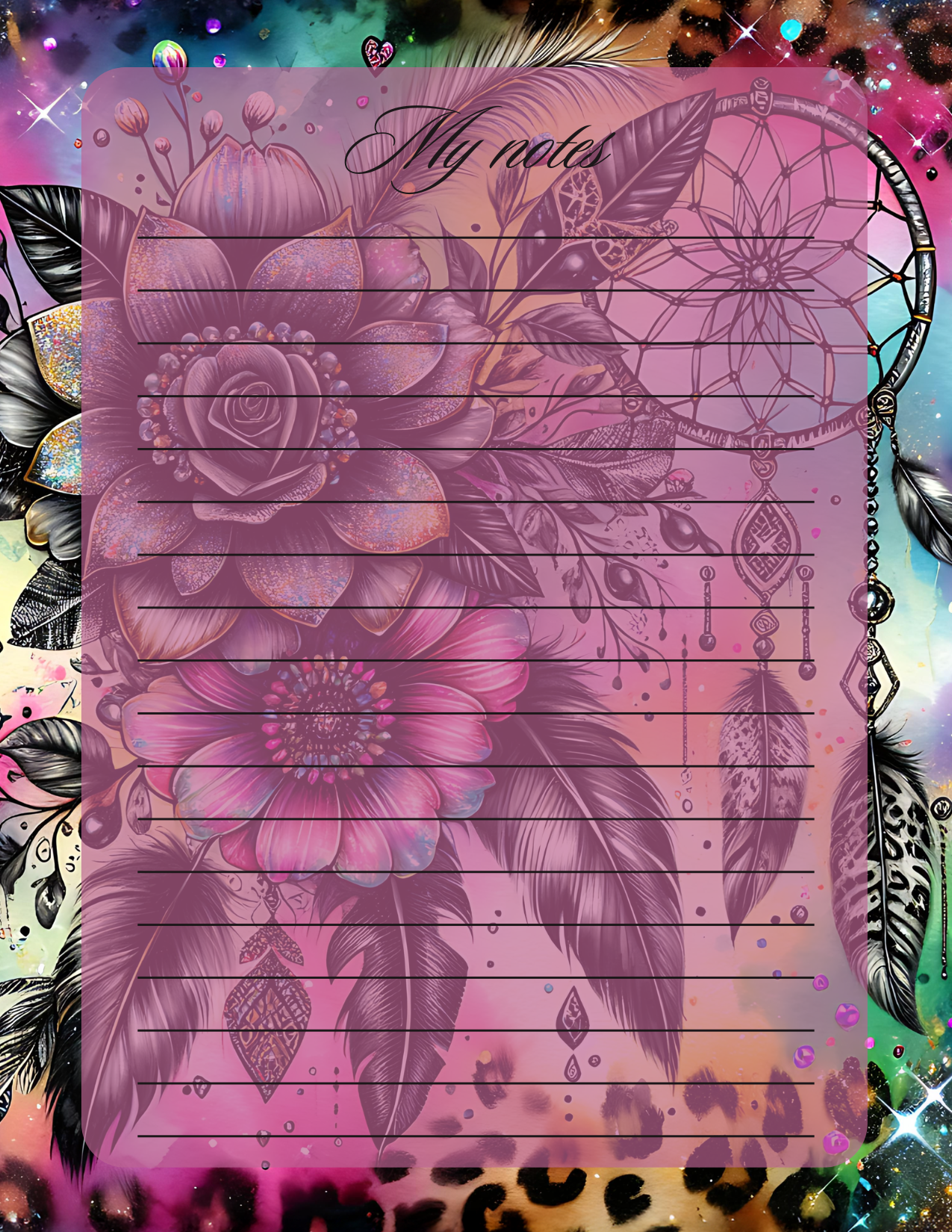 Notebook with floral and dreamcatcher design on a colorful background