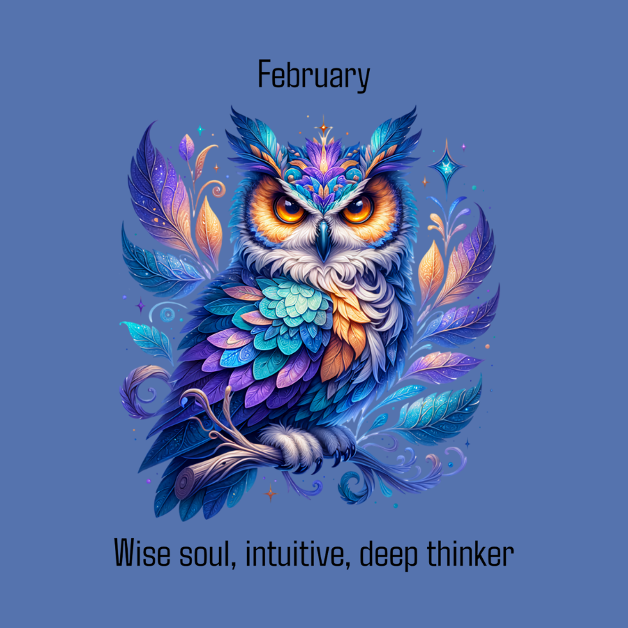 Colorful owl illustration with decorative elements on a blue background, featuring the word 'February' and descriptive text.