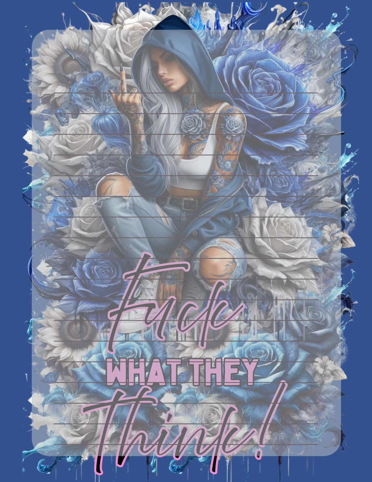 Artistic design with a person in a hoodie surrounded by flowers and text on a blue background