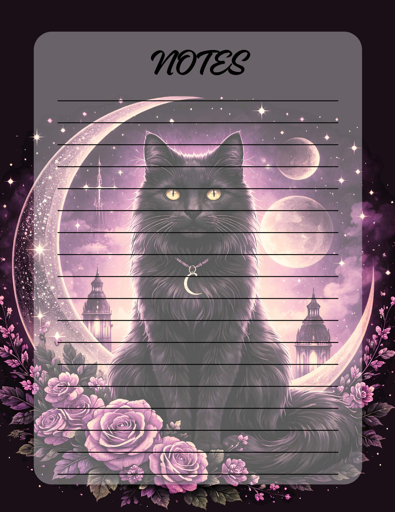 Notebook cover with a black cat, crescent moon, and flowers on a purple background