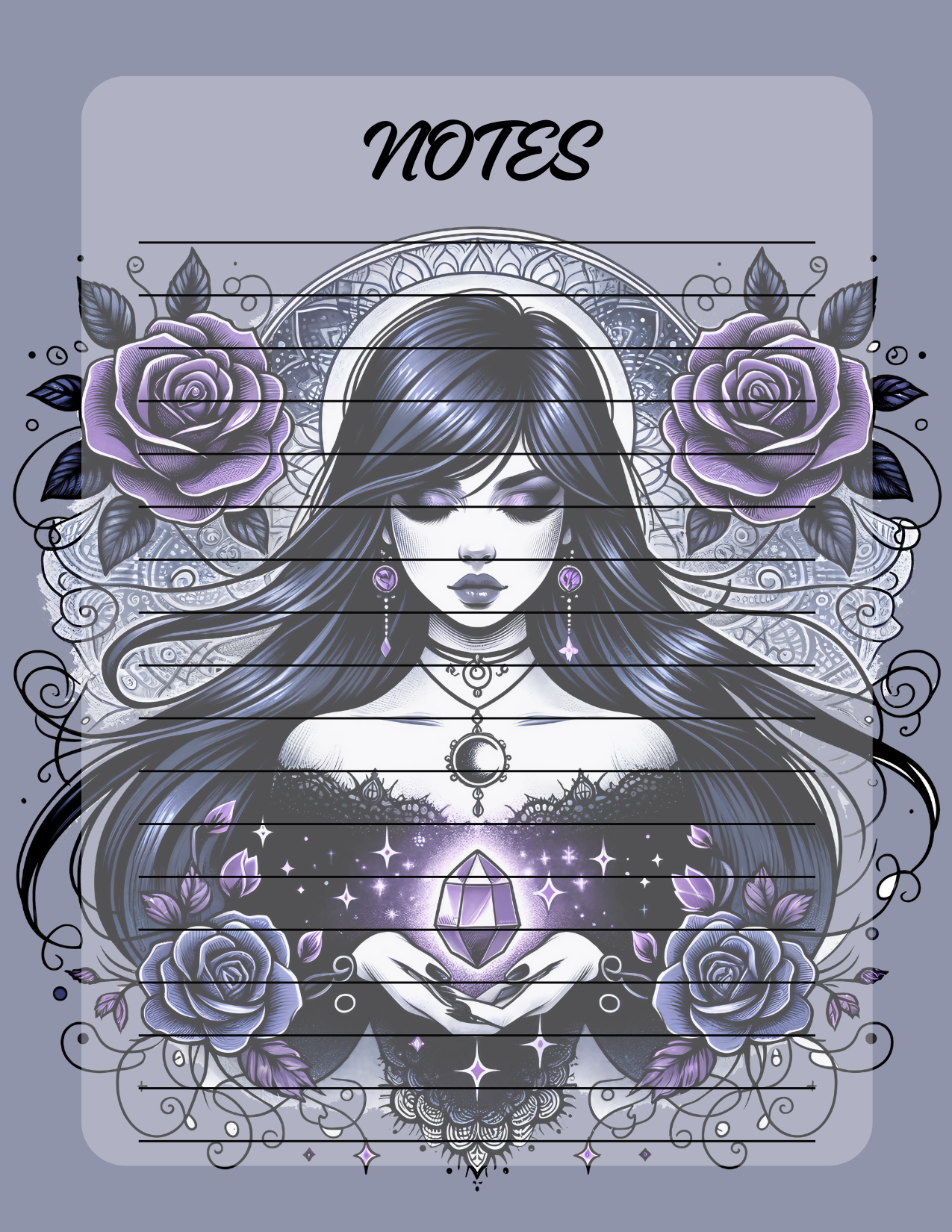 Notebook cover with a stylized illustration of a woman holding a crystal ball, surrounded by roses and decorative elements.