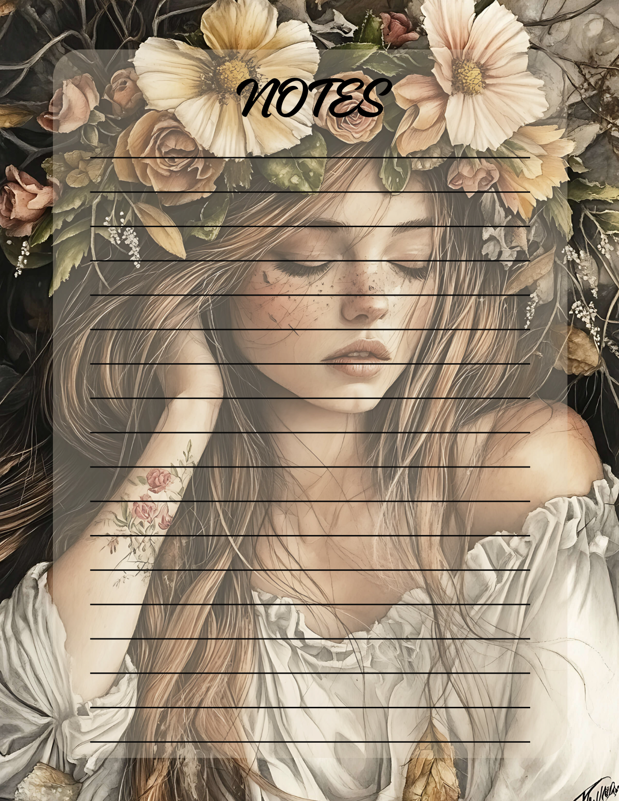 Notebook cover with a woman's face and floral design, labeled 'NOTES'.