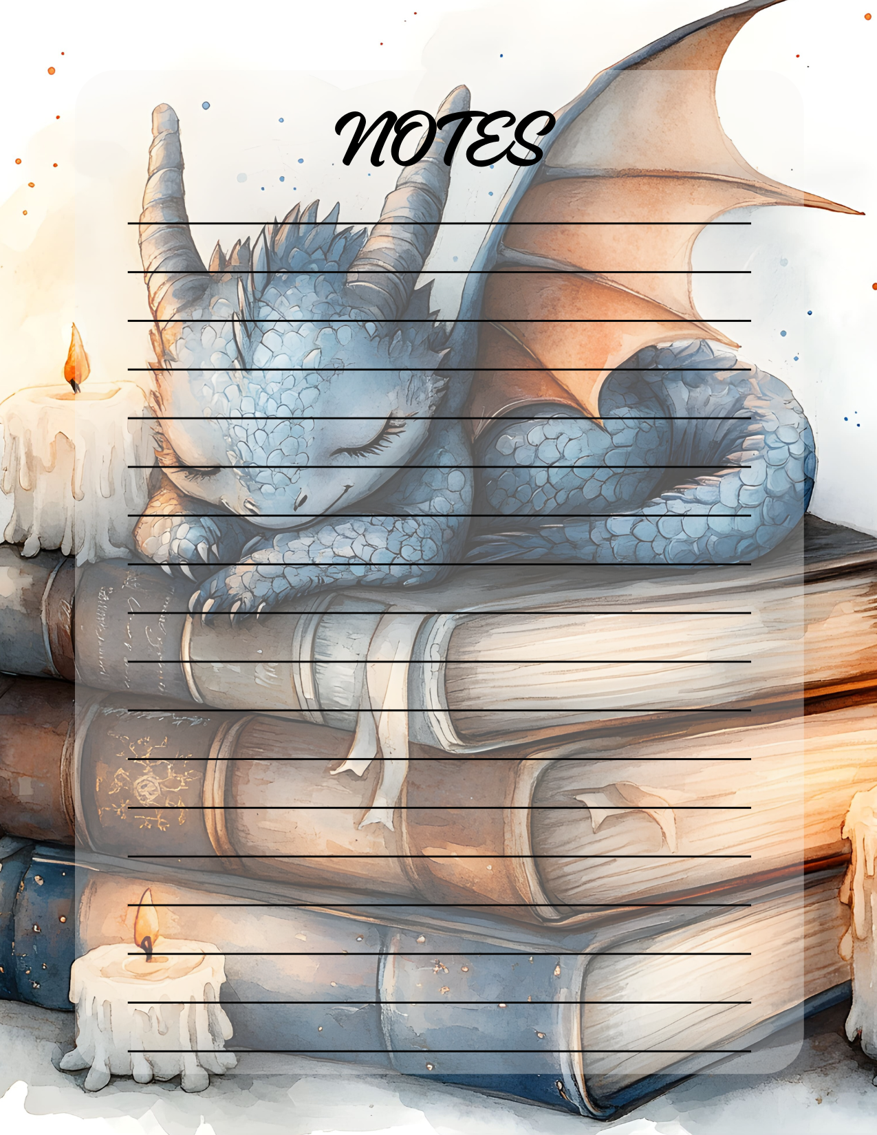 Notebook cover with a dragon design on top of books, with 'NOTES' text.