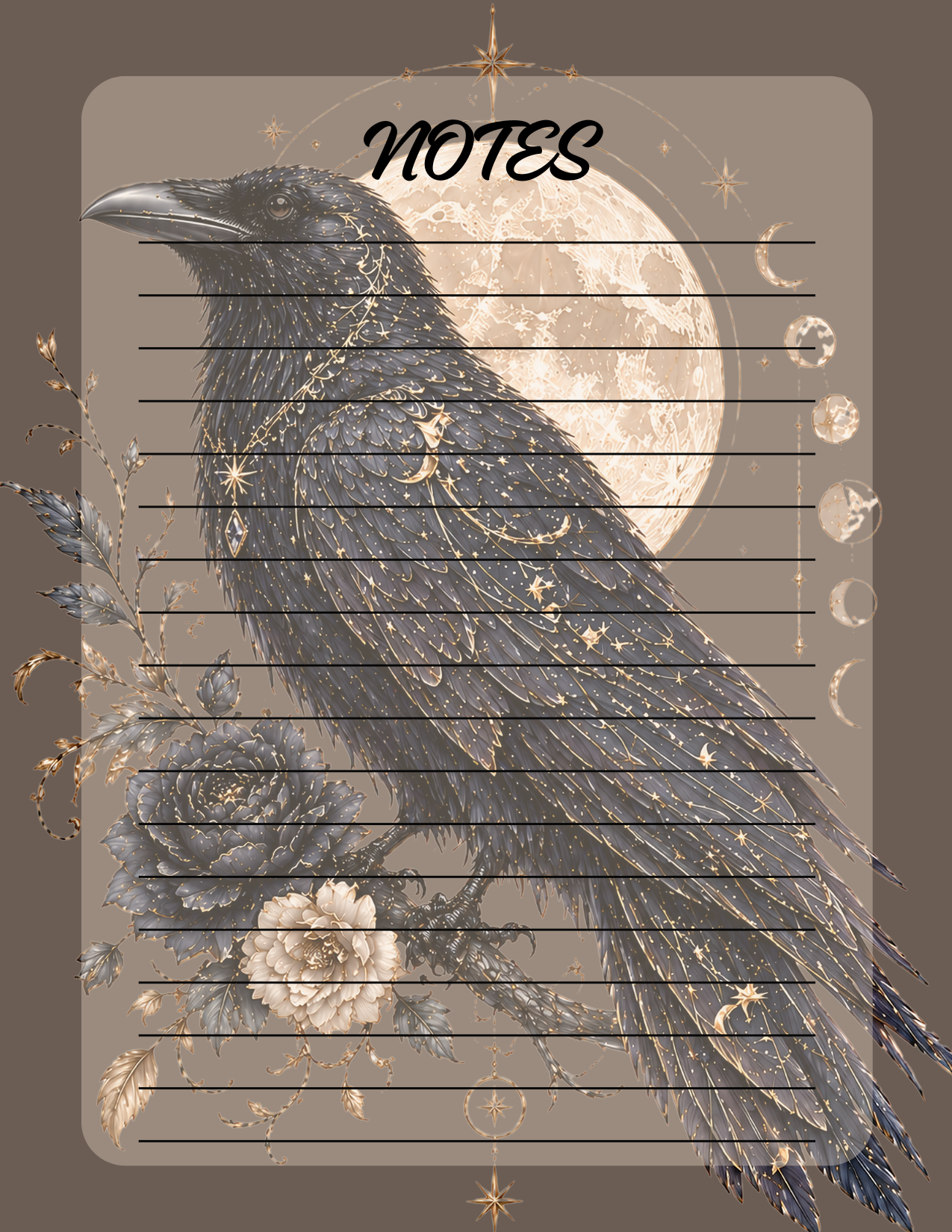 Notebook with a crow design, moon, and flowers on a brown background