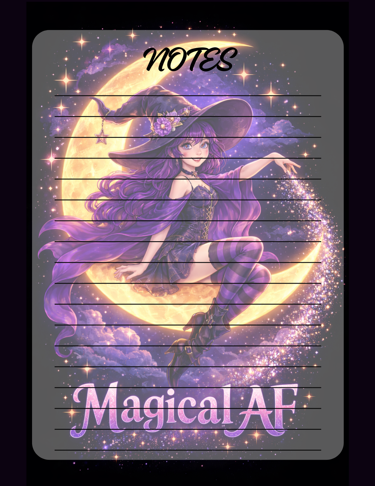 Notebook cover with a witch sitting on a moon, surrounded by stars, with 'Magical AF' text.