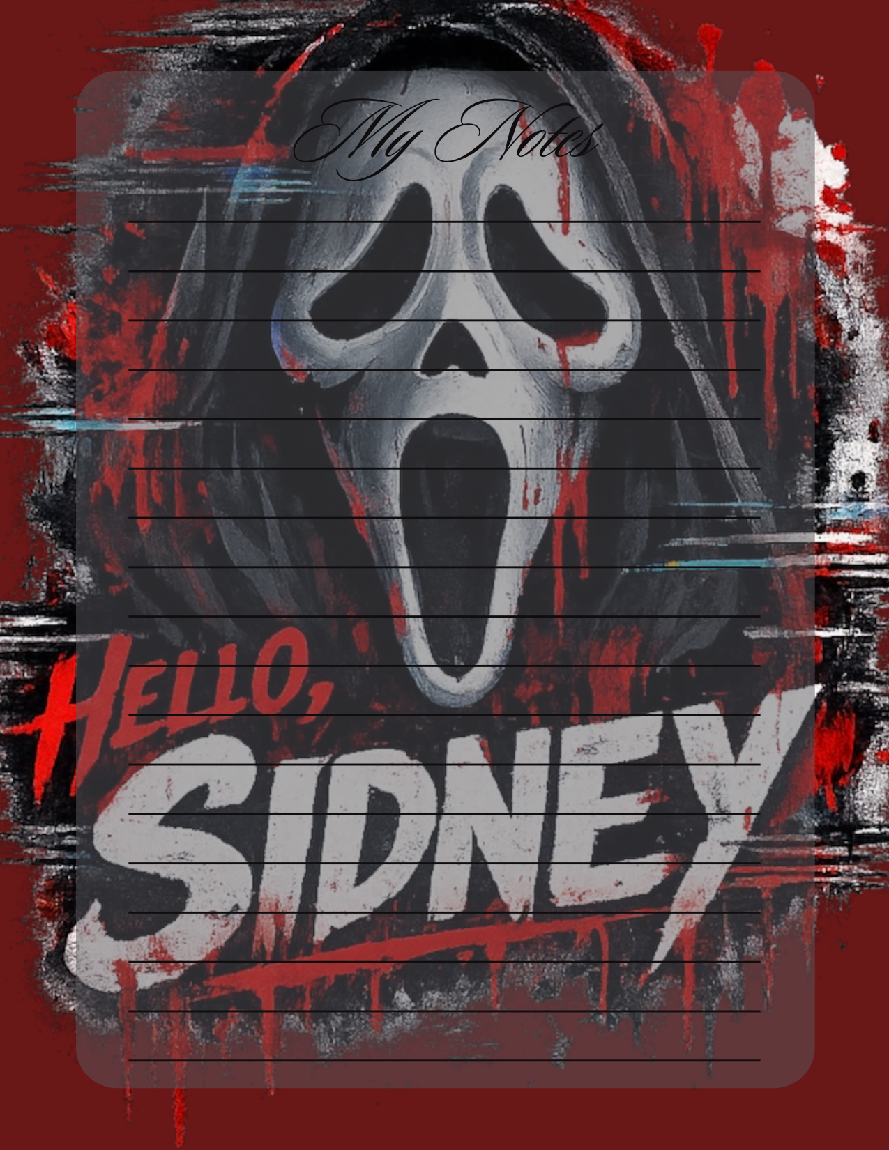 Notepad with a ghostface design and 'Hello, Sidney' text on a red background