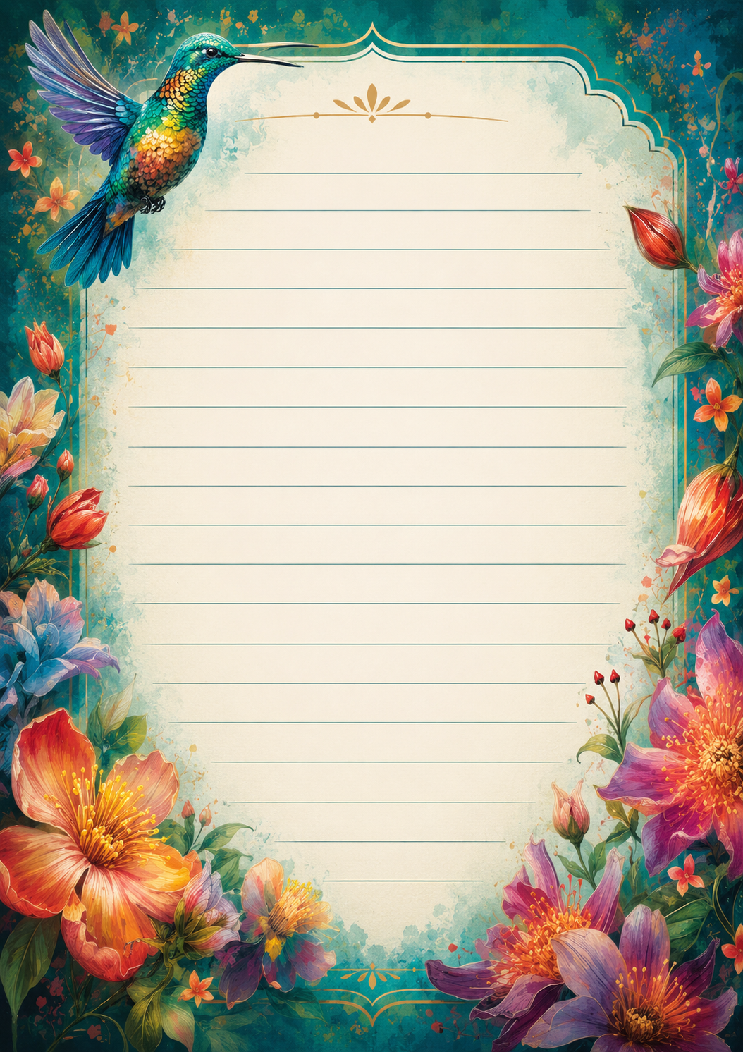 Decorative paper with a colorful bird and flowers border