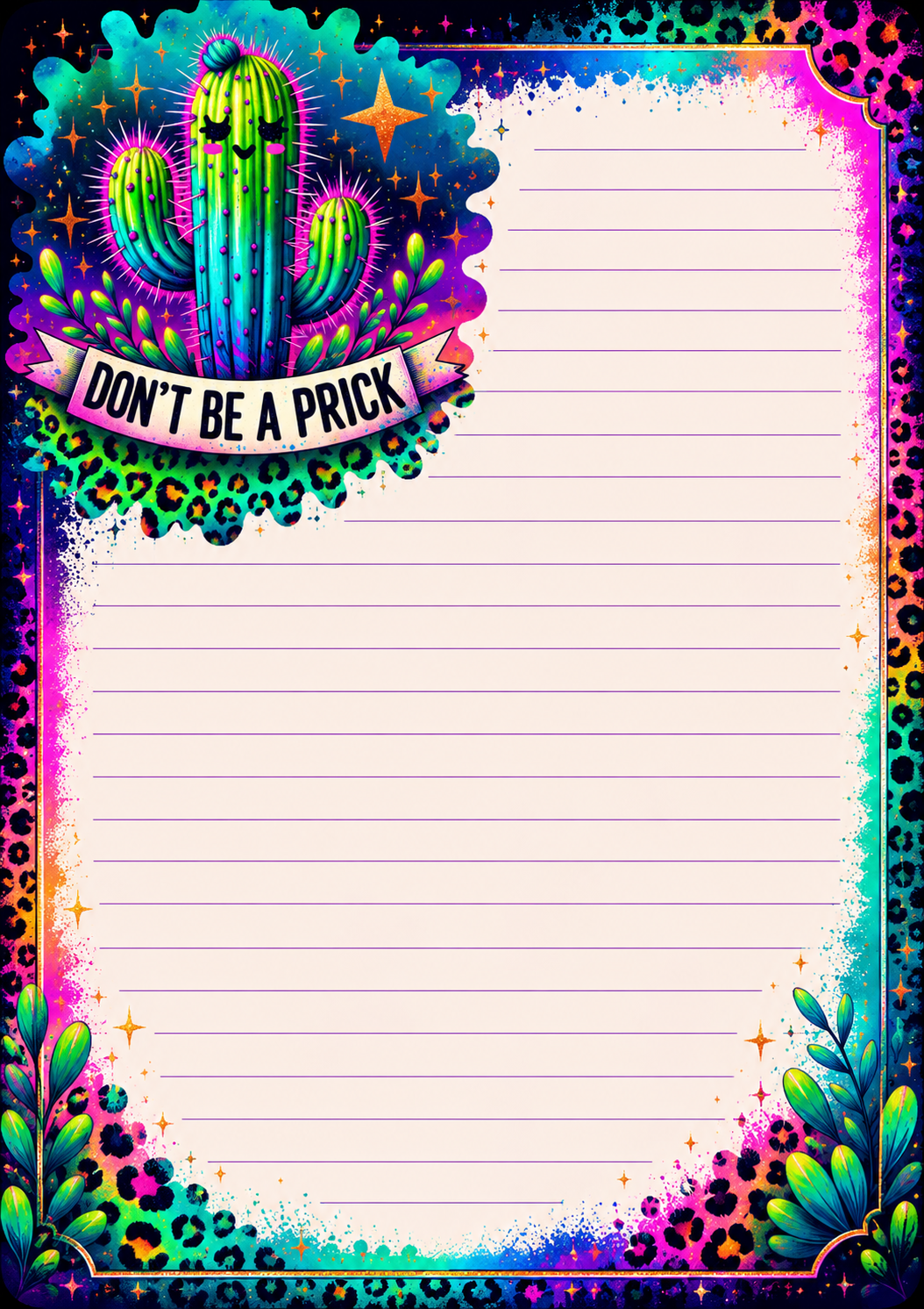Colorful notepad with a cactus illustration and text, surrounded by decorative border.