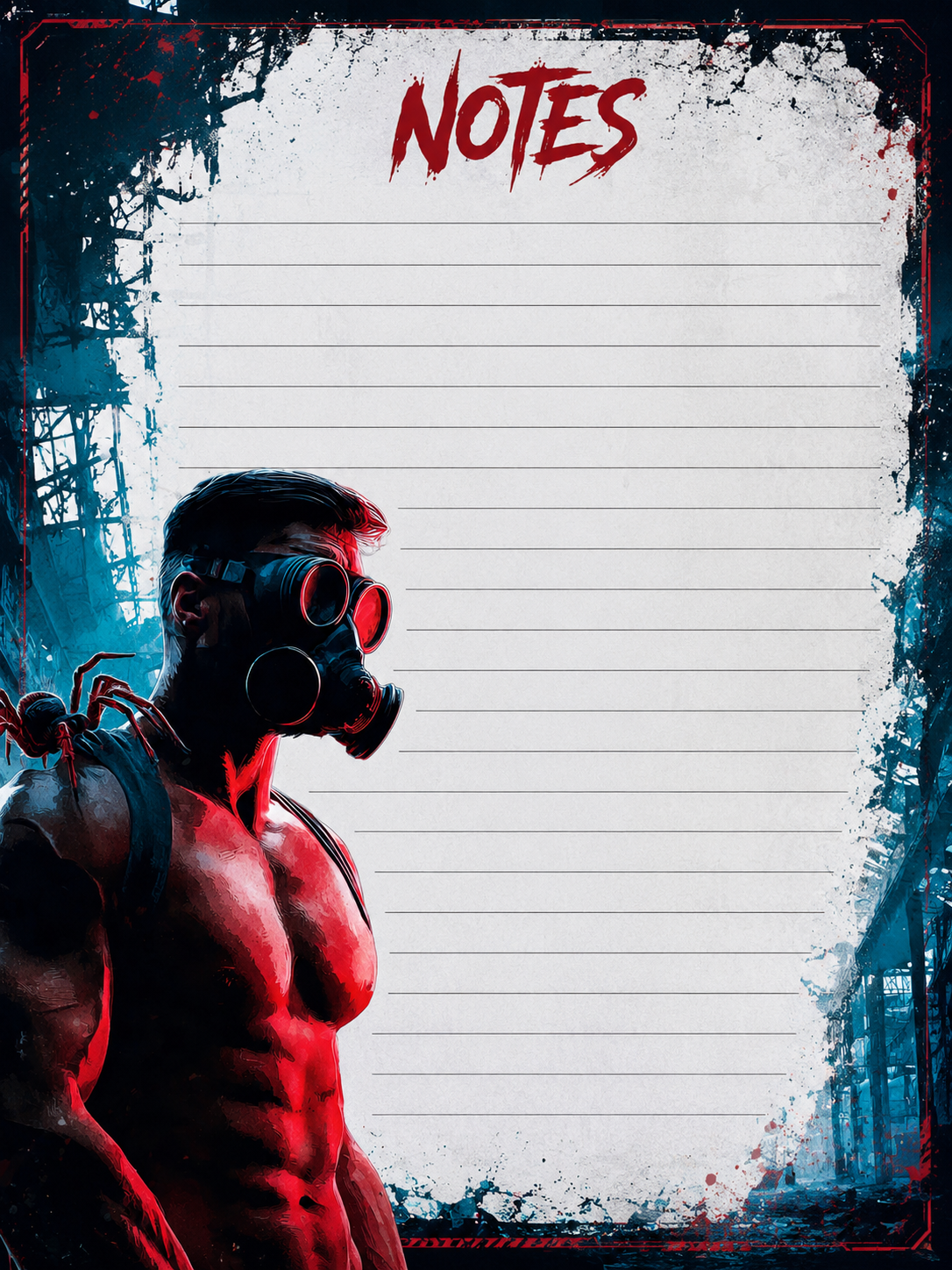 Notebook cover with a person wearing a gas mask and the word 'NOTES' at the top.
