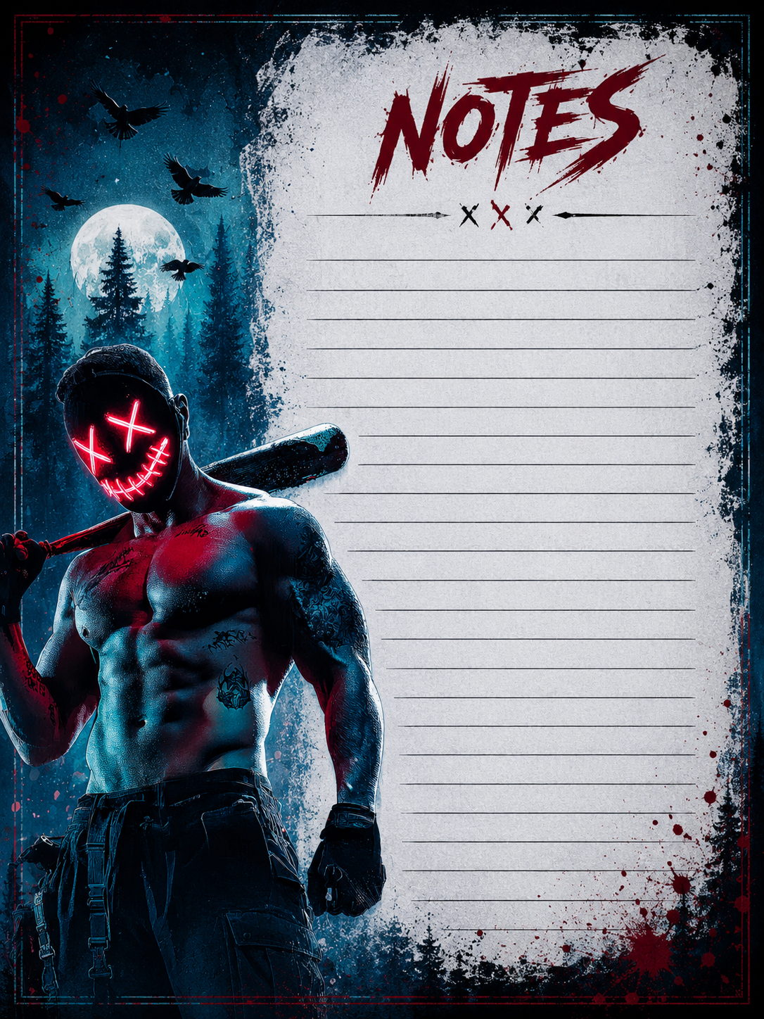 Notebook cover with a masked figure holding a baseball bat against a night sky with trees and moon.