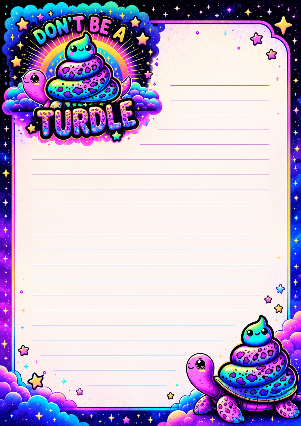 Colorful notepad with a turtle design and text 'Don't be a Turdle' on a starry background.