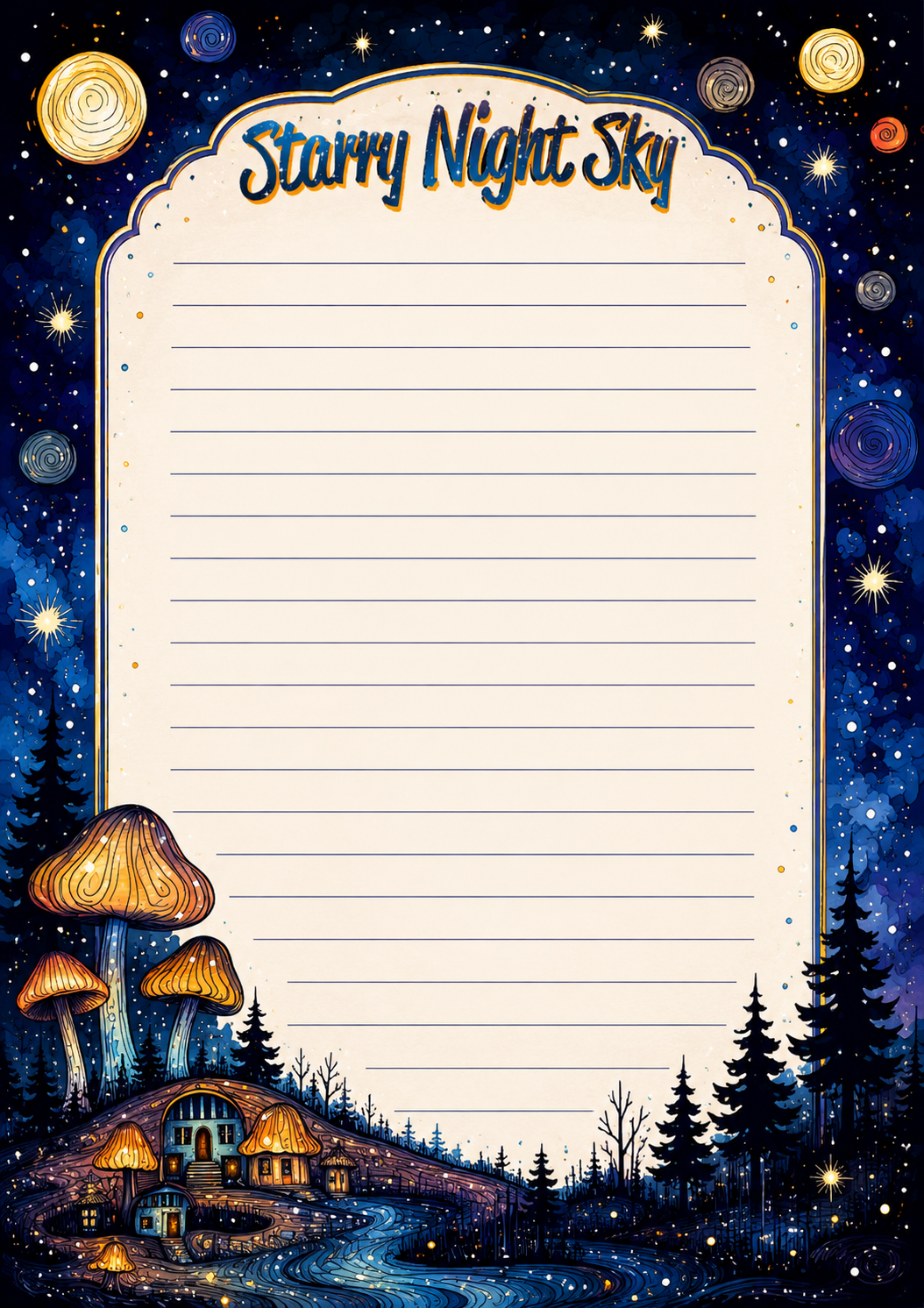 Starry Night Sky themed notepad with mushrooms, house, and trees on a blue background