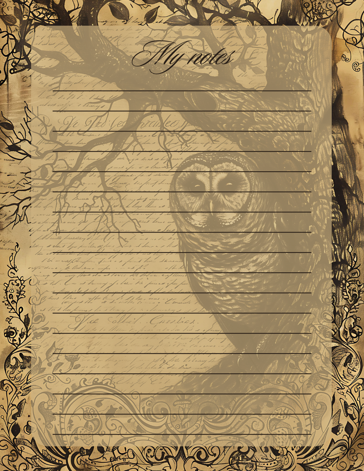 Notebook page with owl illustration and decorative border