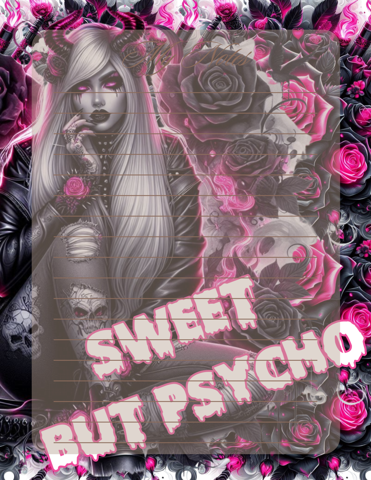 Gothic design with roses, skulls, and text 'Sweet But Psycho' on a dark background.