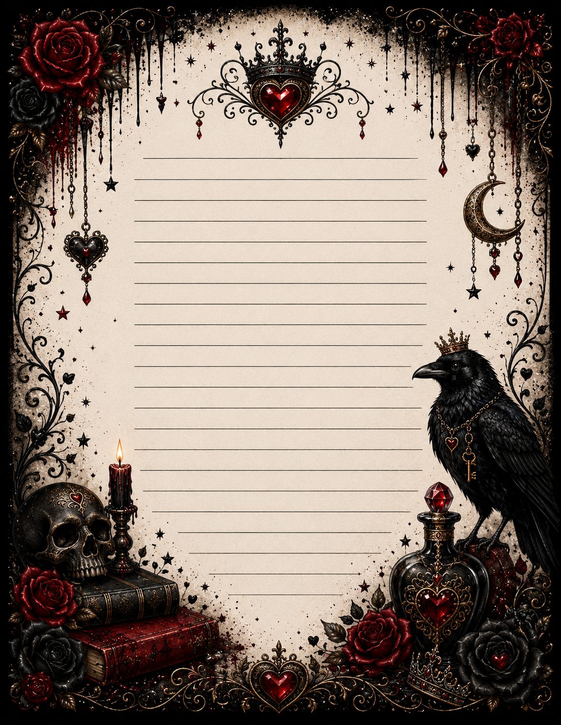 Gothic-themed stationery with a raven, skull, roses, and candles on a decorative border.