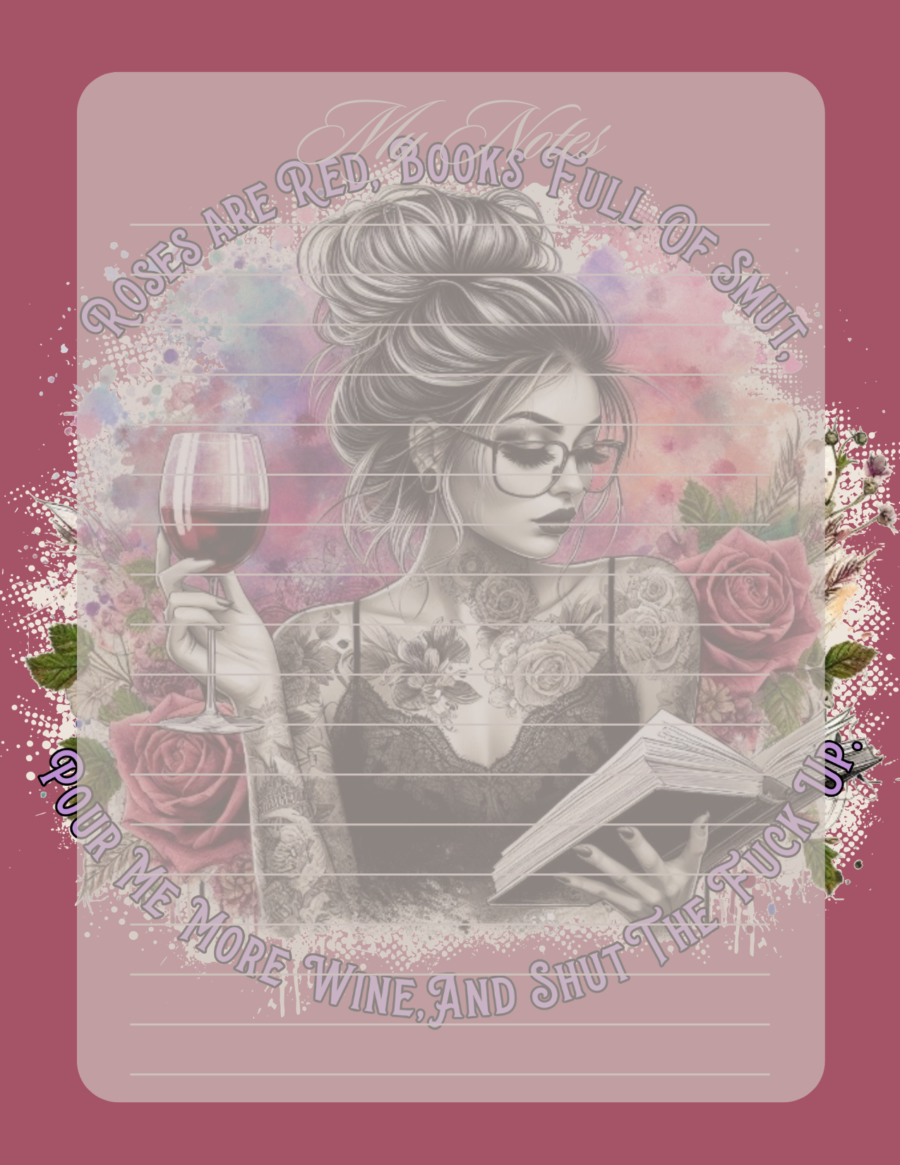 Design with a woman holding a glass of wine and reading a book, surrounded by roses and text on a pink background.