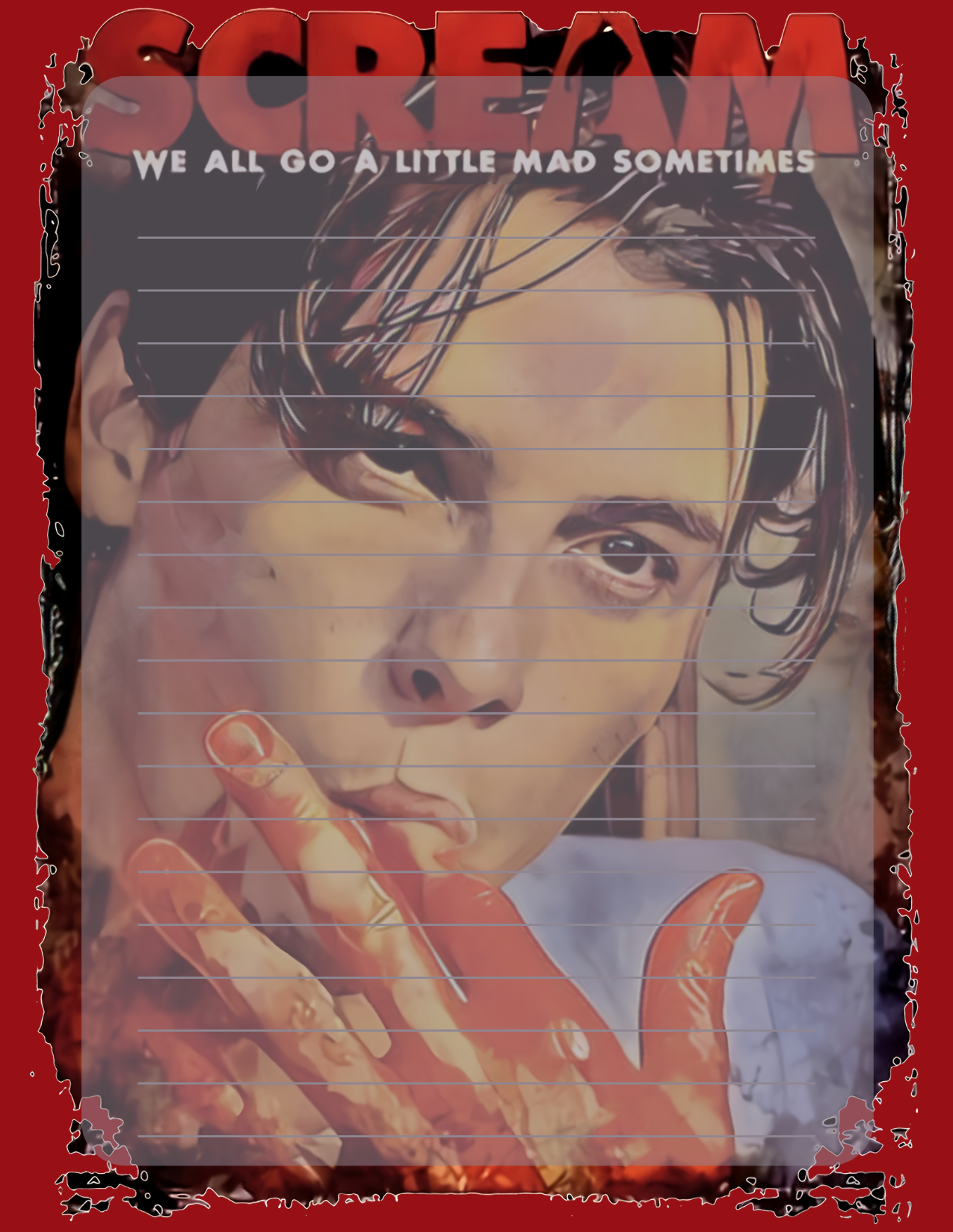 Movie poster for 'Scream' with a stylized portrait and text.