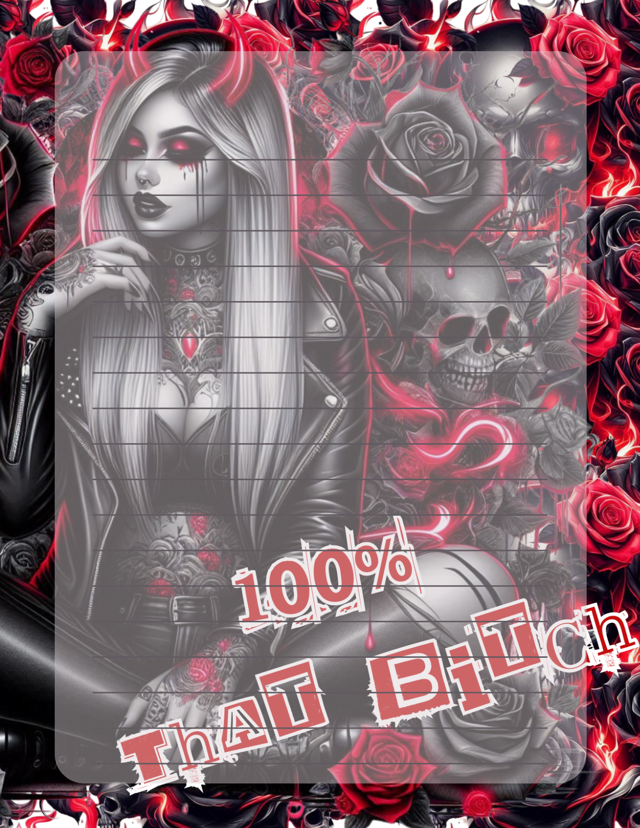Gothic-style illustration with roses, skulls, and text on a dark background