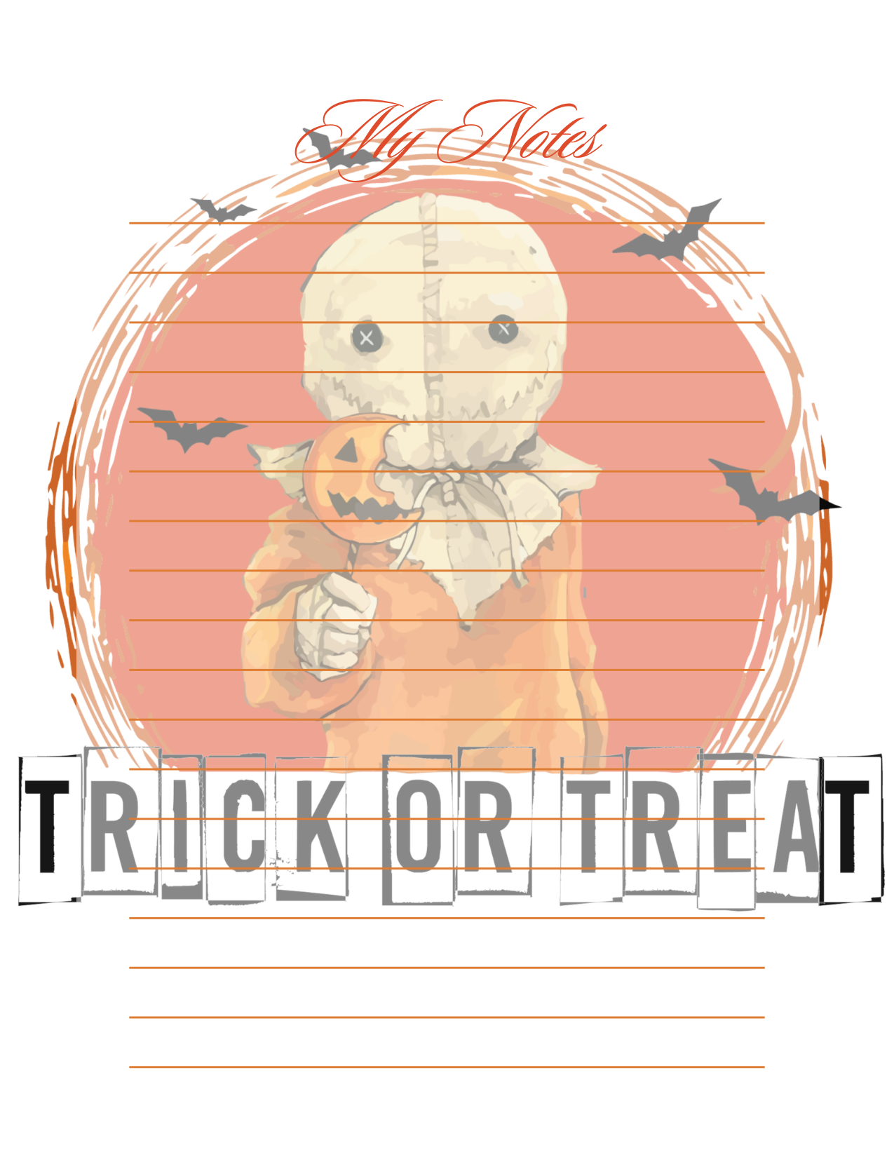 Halloween-themed notepad with a ghost in a pumpkin costume and 'Trick or Treat' text.