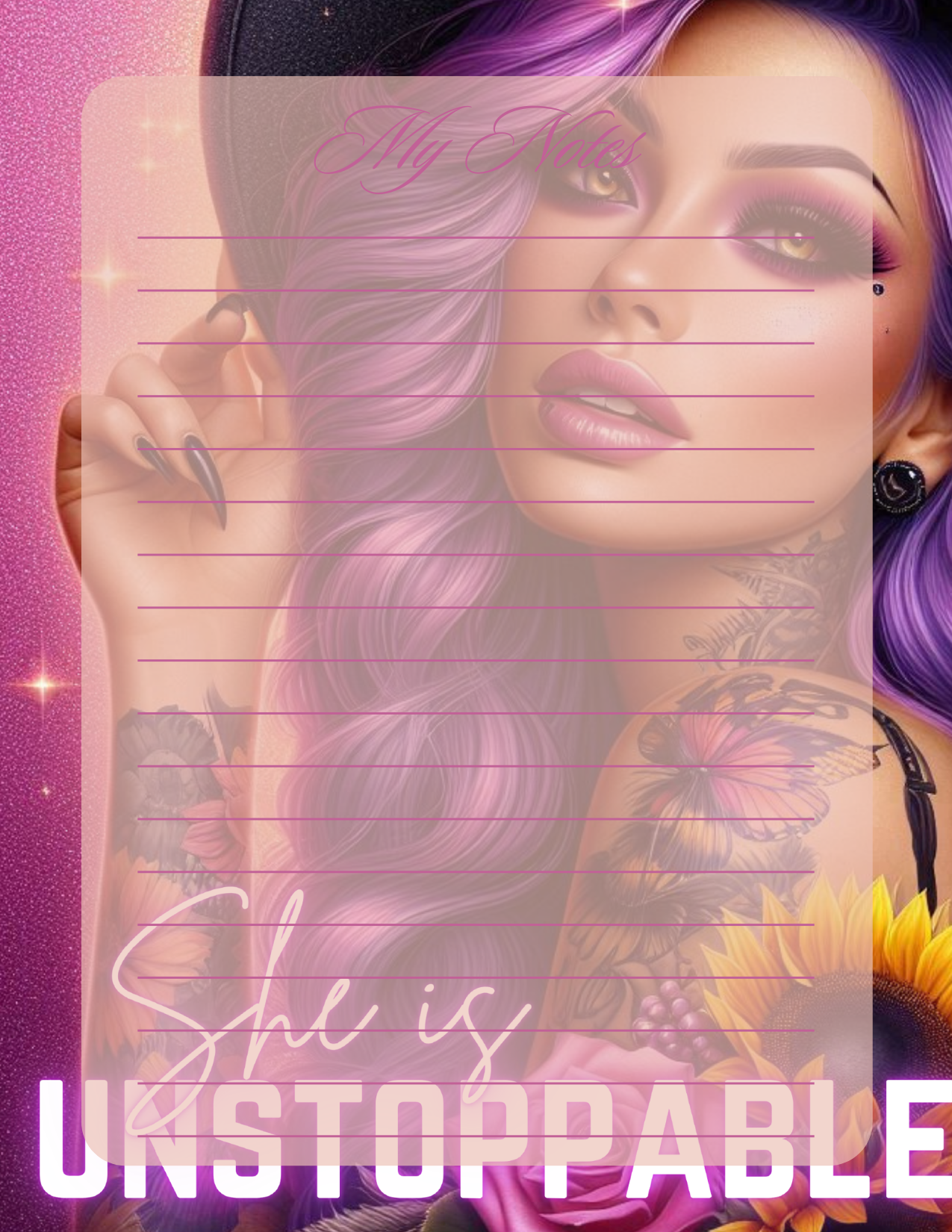 Notebook cover with a woman's face, purple hair, and 'She is UNSTOPPABLE' text on a pink background.