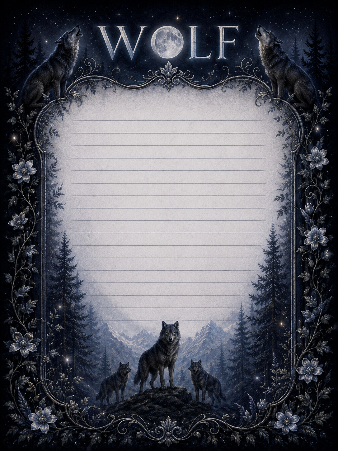 Notebook with wolf design on cover featuring wolves and a moon in a decorative frame.